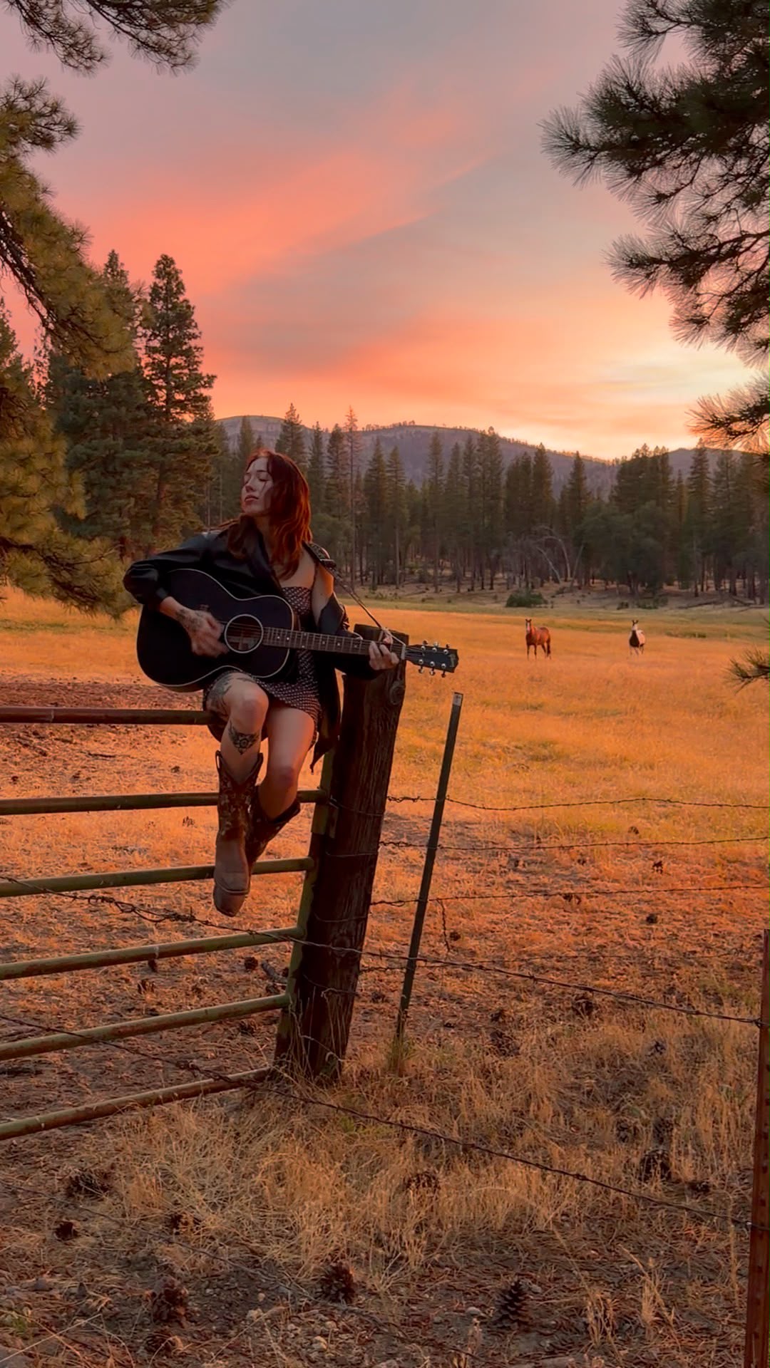 Olivia playing a black acoustic guitar on a ranch fence at sunset, horses grazing behind her