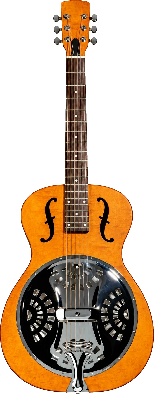 A resonator guitar with an amber body, f-holes and a chrome cone